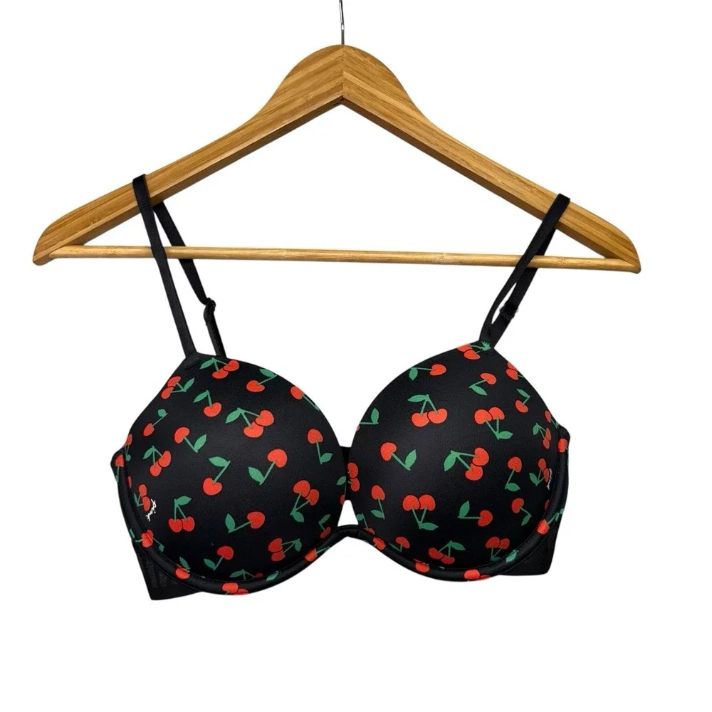 Victoria Secret PINK Women's Bra 32D Black Red Cherry Super Push Up Padded